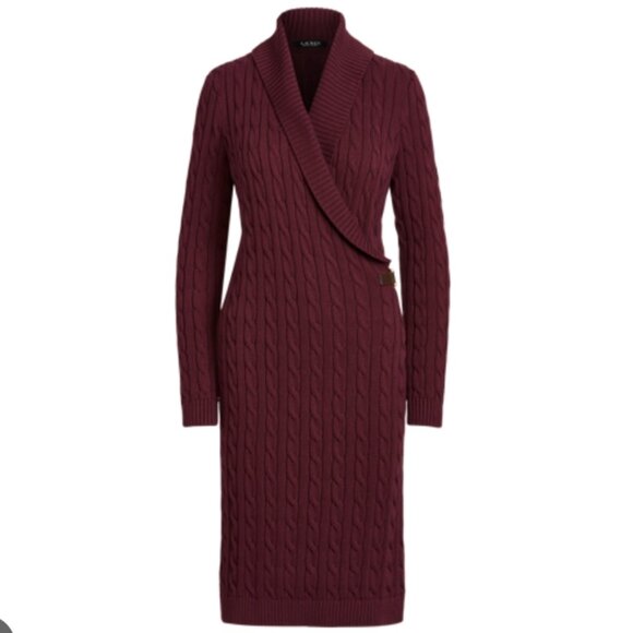 Lauren Ralph Lauren Cable Knit Buckle Trim Sweater Dress Size 1X Cotton Burgundy - Picture 1 of 11